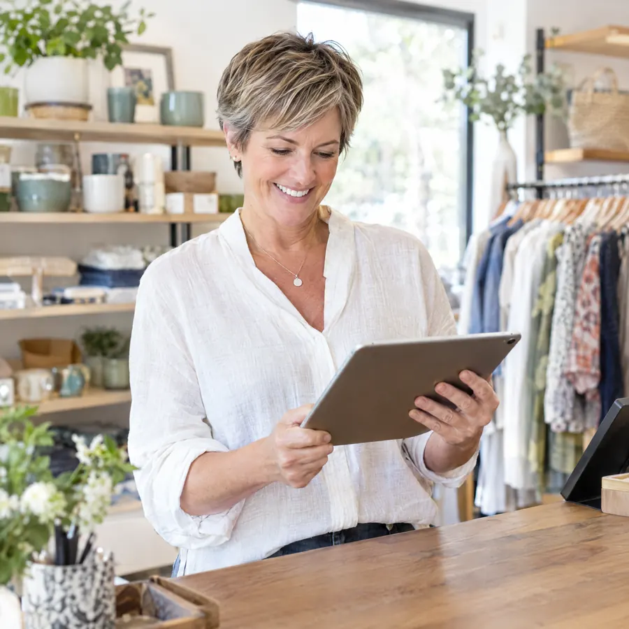 Boutique owner smiling at her sales on a tablet