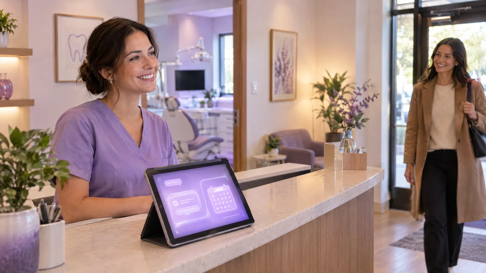Clinic receptionist smiling at the front desk while a tablet shows a chat and calendar screen