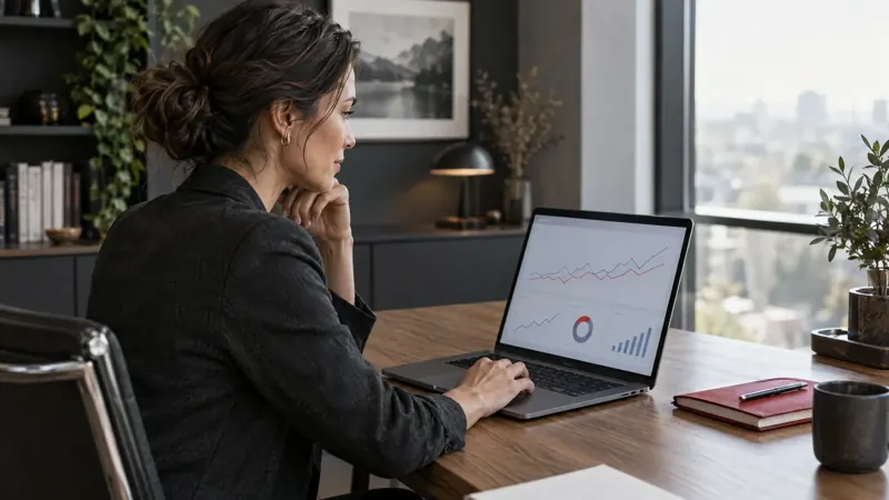 Business owner reviewing a marketing results dashboard on a laptop
