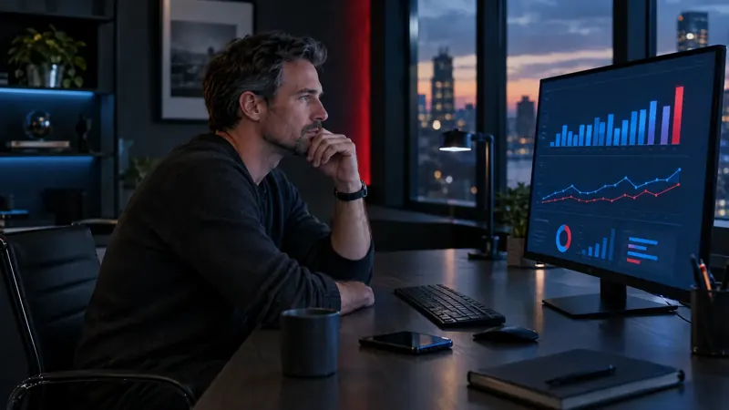 Business owner reviewing advertising results charts on a large monitor in the evening