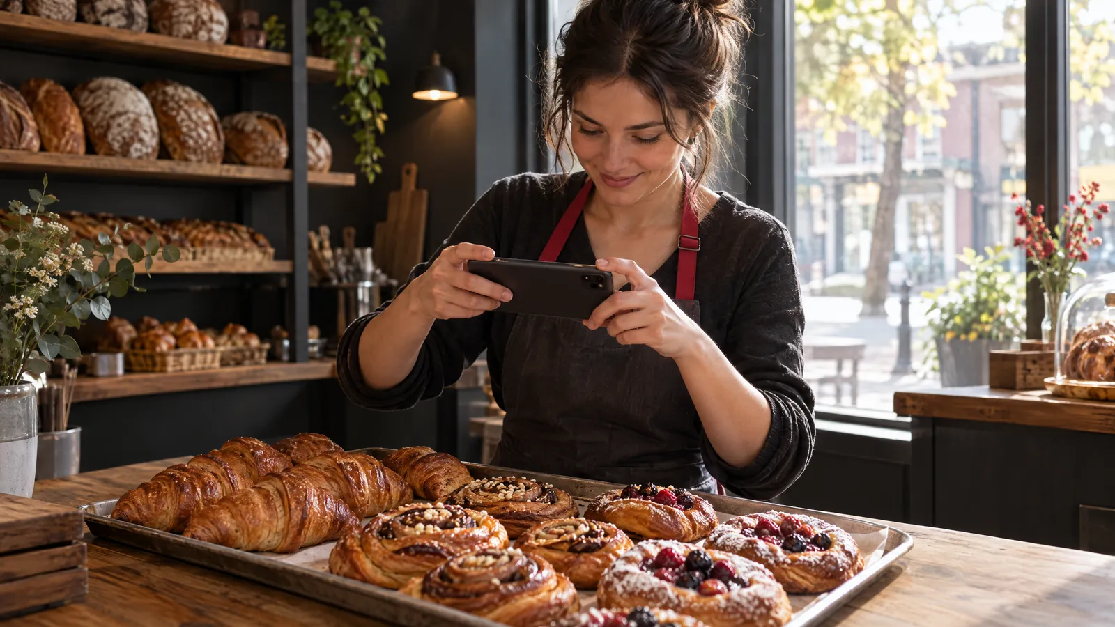 Bakery owner photographing a fresh tray of pastries with her phone to share an update
