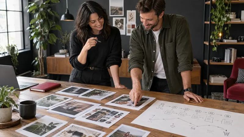 Two marketers reviewing printed social media layouts and a customer journey sketch at a studio table