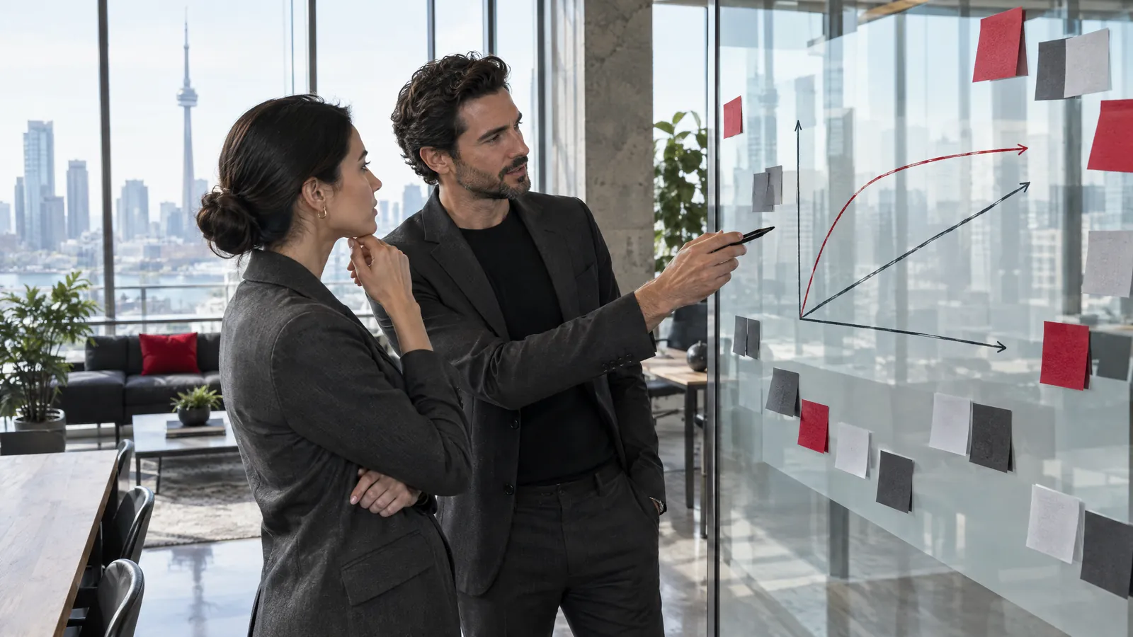 Two business partners discussing two growth curves drawn on a glass wall in a city office