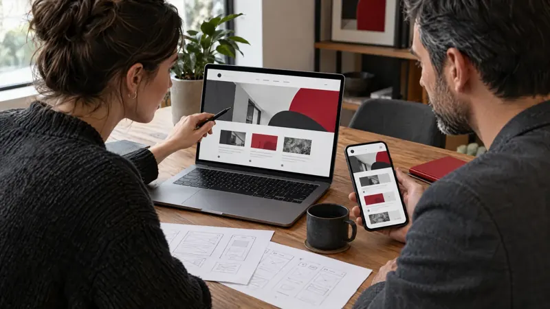 Web designer and business owner comparing a website on a laptop and a phone with wireframe sketches