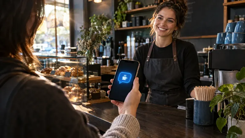 Customer at a cafe counter reading a friendly offer message on a phone