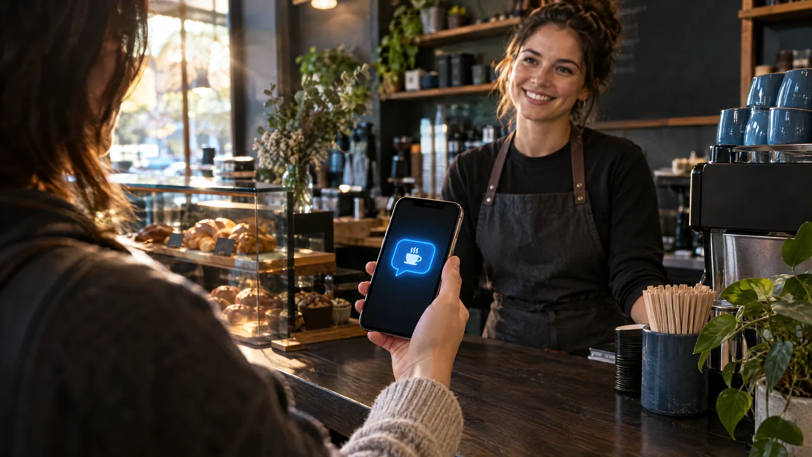 Customer at a cafe counter reading a friendly offer message on a phone