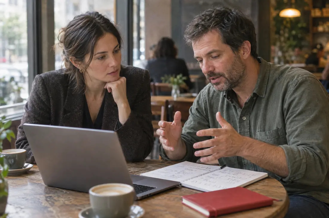 Consultant and business owner reviewing numbers together