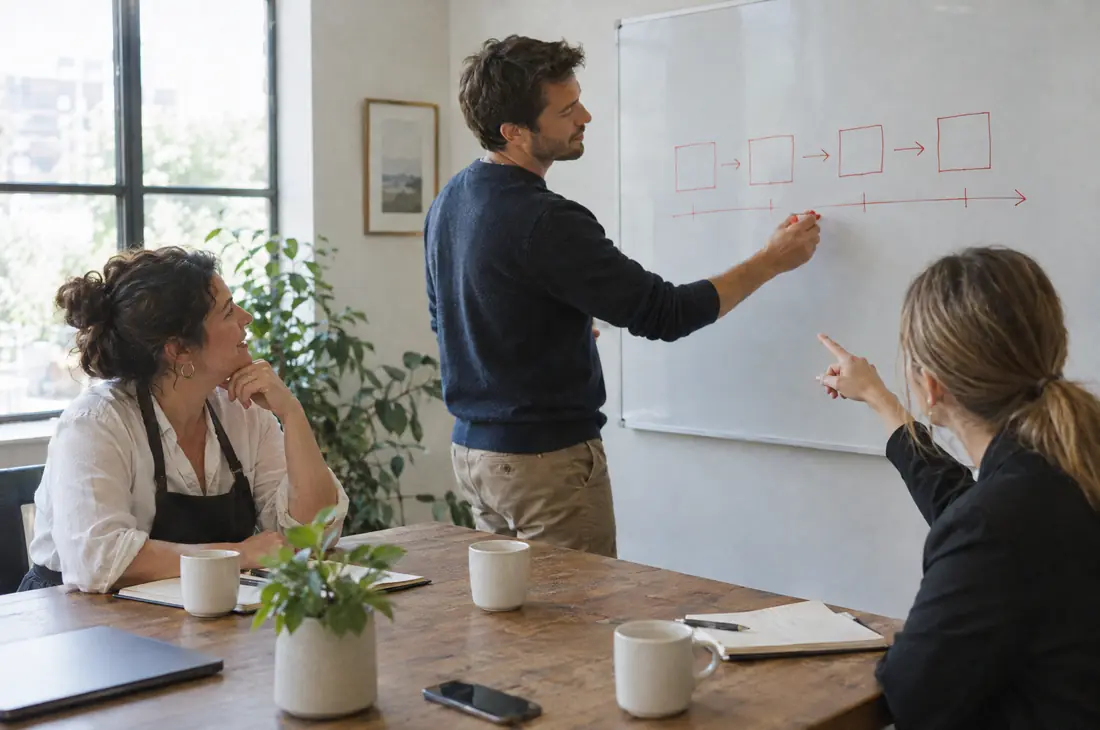 Strategist mapping out a plan on a whiteboard with a client team